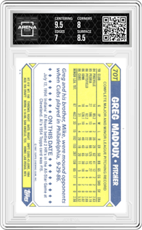 Greg Maddux from the 1987 Topps Traded set graded by Arena Club and given an overall grade of 7.5.