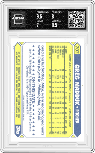 Greg Maddux from the 1987 Topps Traded set graded by Arena Club and given an overall grade of 7.5.