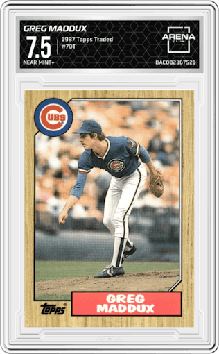 Greg Maddux from the 1987 Topps Traded set graded by Arena Club and given an overall grade of 7.5.