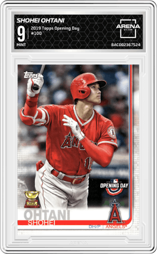 Shohei Ohtani from the 2019 Topps Opening Day set graded by Arena Club and given an overall grade of 9.