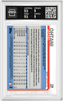 Shohei Ohtani from the 2019 Topps Series 1 set graded by Arena Club and given an overall grade of 9.5.