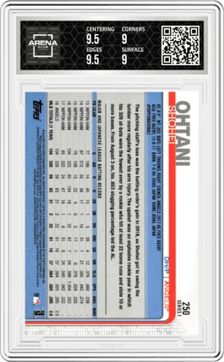 Shohei Ohtani from the 2019 Topps Series 1 set graded by Arena Club and given an overall grade of 9.5.