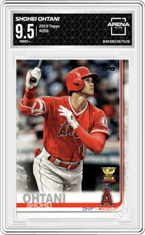 Shohei Ohtani from the 2019 Topps Series 1 set graded by Arena Club and given an overall grade of 9.5.