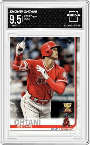 Shohei Ohtani from the 2019 Topps Series 1 set graded by Arena Club and given an overall grade of 9.5.