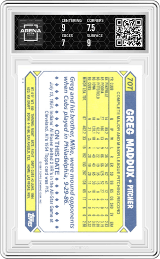 Greg Maddux from the 1987 Topps Traded set graded by Arena Club and given an overall grade of 7.5.