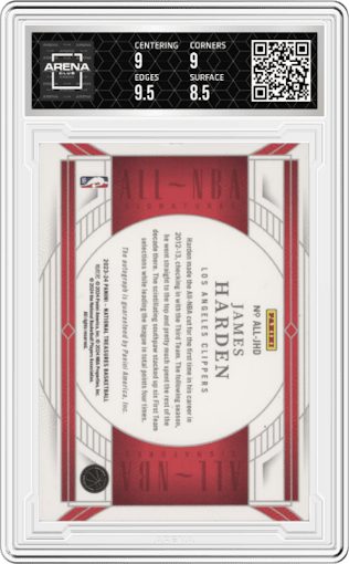James Harden from the 2023-24 Panini National Treasures set featuring a International parallel graded by Arena Club and given an overall grade of 9.