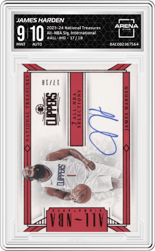 James Harden from the 2023-24 Panini National Treasures set featuring a International parallel graded by Arena Club and given an overall grade of 9.