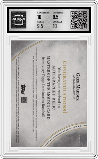 Greg Maddux from the 2017 Topps Luminaries set graded by Arena Club and given an overall grade of 10.