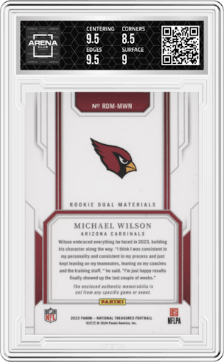 Michael Wilson from the 2023 Panini National Treasures set featuring a Red Jersey Number parallel graded by Arena Club and given an overall grade of 9.