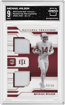 Michael Wilson from the 2023 Panini National Treasures set featuring a Red Jersey Number parallel graded by Arena Club and given an overall grade of 9.