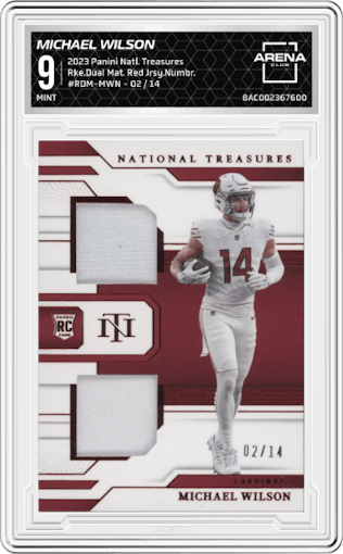 Michael Wilson from the 2023 Panini National Treasures set featuring a Red Jersey Number parallel graded by Arena Club and given an overall grade of 9.