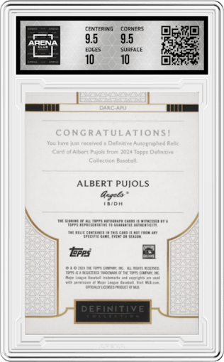 Albert Pujols  from the 2024 Topps Definitive Collection set graded by Arena Club and given an overall grade of 10.