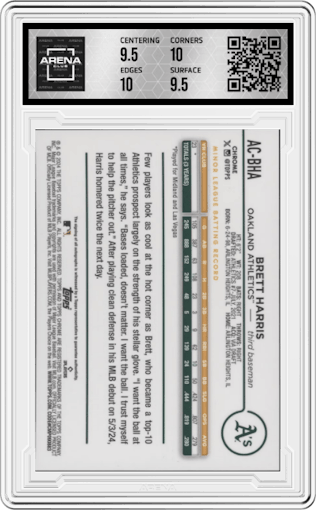 Brett Harris from the 2024 Topps Chrome Update set featuring a Red Refractor parallel graded by Arena Club and given an overall grade of 10.