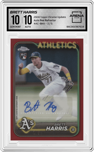 Brett Harris from the 2024 Topps Chrome Update set featuring a Red Refractor parallel graded by Arena Club and given an overall grade of 10.
