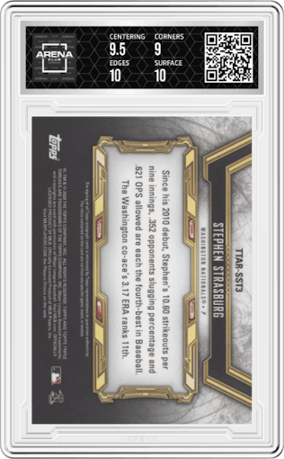 Stephen Strasburg from the 2020 Topps Triple Threads set graded by Arena Club and given an overall grade of 9.5.
