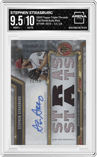 Stephen Strasburg from the 2020 Topps Triple Threads set graded by Arena Club and given an overall grade of 9.5.