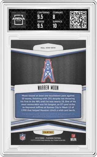 Warren Moon from the 2019 Panini Playbook set graded by Arena Club and given an overall grade of 8.5.