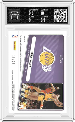 Jerry West from the 2020-21 Panini Donruss Optic set featuring a Blue parallel graded by Arena Club and given an overall grade of 9.