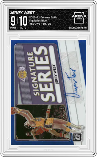 Jerry West from the 2020-21 Panini Donruss Optic set featuring a Blue parallel graded by Arena Club and given an overall grade of 9.