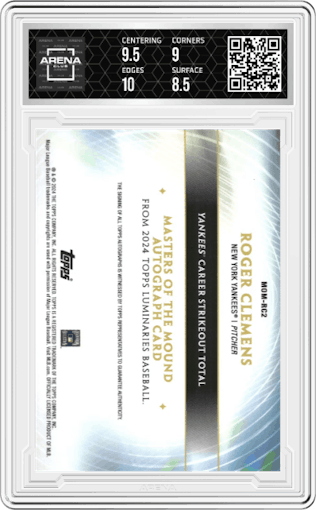 Roger Clemens from the 2024 Topps Luminaries set graded by Arena Club and given an overall grade of 9.