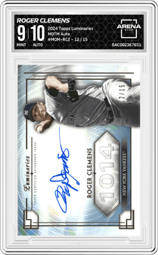 Roger Clemens from the 2024 Topps Luminaries set graded by Arena Club and given an overall grade of 9.