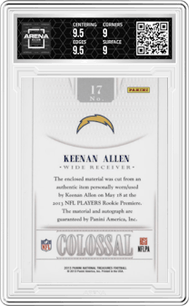 Keenan Allen from the 2013 Panini National Treasures set graded by Arena Club and given an overall grade of 9.5.