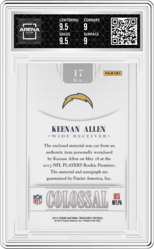 Keenan Allen from the 2013 Panini National Treasures set graded by Arena Club and given an overall grade of 9.5.