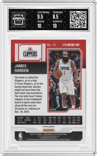 James Harden from the 2023-24 Panini Contenders Optic set featuring a Black Pandora parallel graded by Arena Club and given an overall grade of 9.
