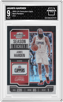 James Harden from the 2023-24 Panini Contenders Optic set featuring a Black Pandora parallel graded by Arena Club and given an overall grade of 9.