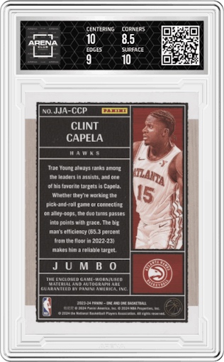Clint Capela from the 2023-24 Panini One and One set featuring a Blue parallel graded by Arena Club and given an overall grade of 9.