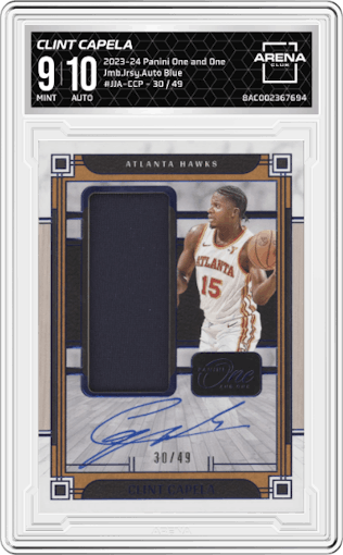 Clint Capela from the 2023-24 Panini One and One set featuring a Blue parallel graded by Arena Club and given an overall grade of 9.