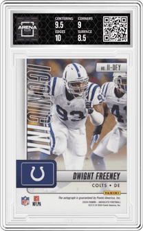 Dwight Freeney from the 2024 Panini Absolute set featuring a Red parallel graded by Arena Club and given an overall grade of 9.