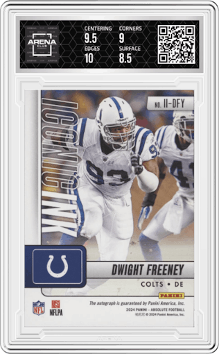 Dwight Freeney from the 2024 Panini Absolute set featuring a Red parallel graded by Arena Club and given an overall grade of 9.