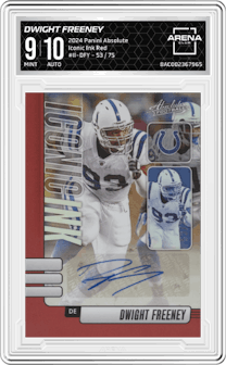Dwight Freeney from the 2024 Panini Absolute set featuring a Red parallel graded by Arena Club and given an overall grade of 9.