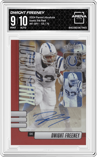 Dwight Freeney from the 2024 Panini Absolute set featuring a Red parallel graded by Arena Club and given an overall grade of 9.