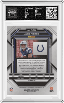 Alec Pierce from the 2022 Panini Prizm set graded by Arena Club and given an overall grade of 9.5.