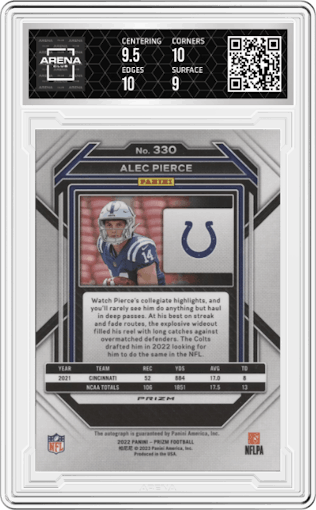 Alec Pierce from the 2022 Panini Prizm set graded by Arena Club and given an overall grade of 9.5.