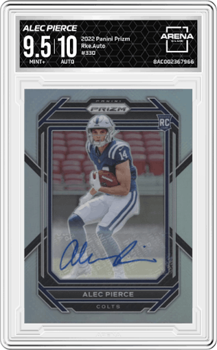 Alec Pierce from the 2022 Panini Prizm set graded by Arena Club and given an overall grade of 9.5.