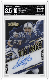 Jeff Saturday from the 2023 Panini Phoenix set graded by Arena Club and given an overall grade of 8.5.