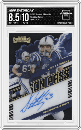 Jeff Saturday from the 2023 Panini Phoenix set graded by Arena Club and given an overall grade of 8.5.
