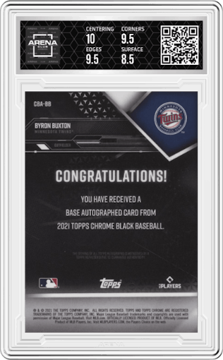 Byron Buxton from the 2021 Topps Chrome Black set graded by Arena Club and given an overall grade of 9.