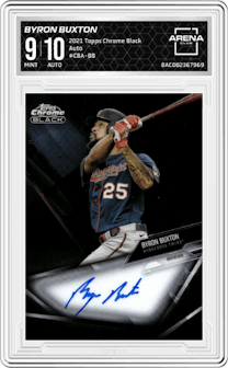 Byron Buxton from the 2021 Topps Chrome Black set graded by Arena Club and given an overall grade of 9.