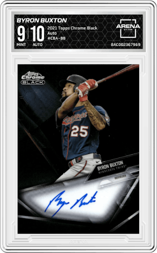 Byron Buxton from the 2021 Topps Chrome Black set graded by Arena Club and given an overall grade of 9.