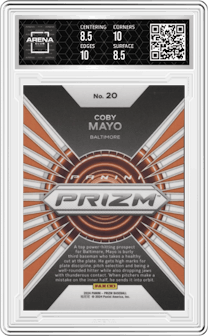 Coby Mayo from the 2024 Panini Prizm set graded by Arena Club and given an overall grade of 9.