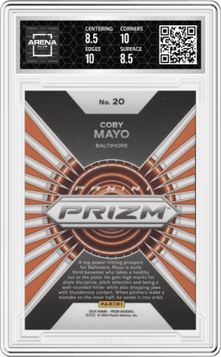 Coby Mayo from the 2024 Panini Prizm set graded by Arena Club and given an overall grade of 9.