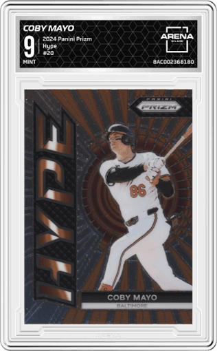 Coby Mayo from the 2024 Panini Prizm set graded by Arena Club and given an overall grade of 9.