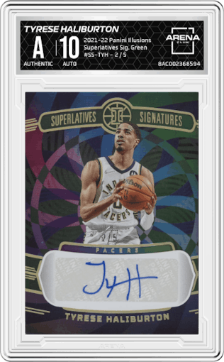 Tyrese Haliburton from the 2021-22 Panini Illusions set featuring a Green parallel graded by Arena Club.