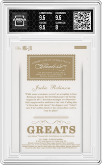 Jackie Robinson from the 2017 Panini Flawless set featuring a Ruby parallel graded by Arena Club and given an overall grade of 8.5.