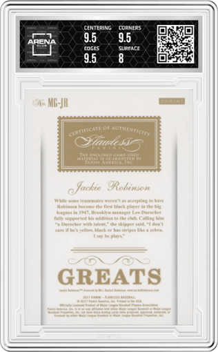 Jackie Robinson from the 2017 Panini Flawless set featuring a Ruby parallel graded by Arena Club and given an overall grade of 8.5.