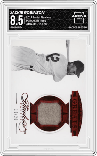 Jackie Robinson from the 2017 Panini Flawless set featuring a Ruby parallel graded by Arena Club and given an overall grade of 8.5.